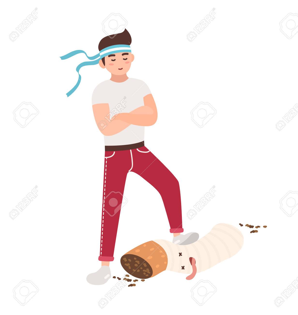 禁煙との戦いの概念 若い男は タバコを踏みにじってしまいます フラットな漫画のスタイルのカラフルなベクトル イラスト のイラスト素材 ベクタ Image