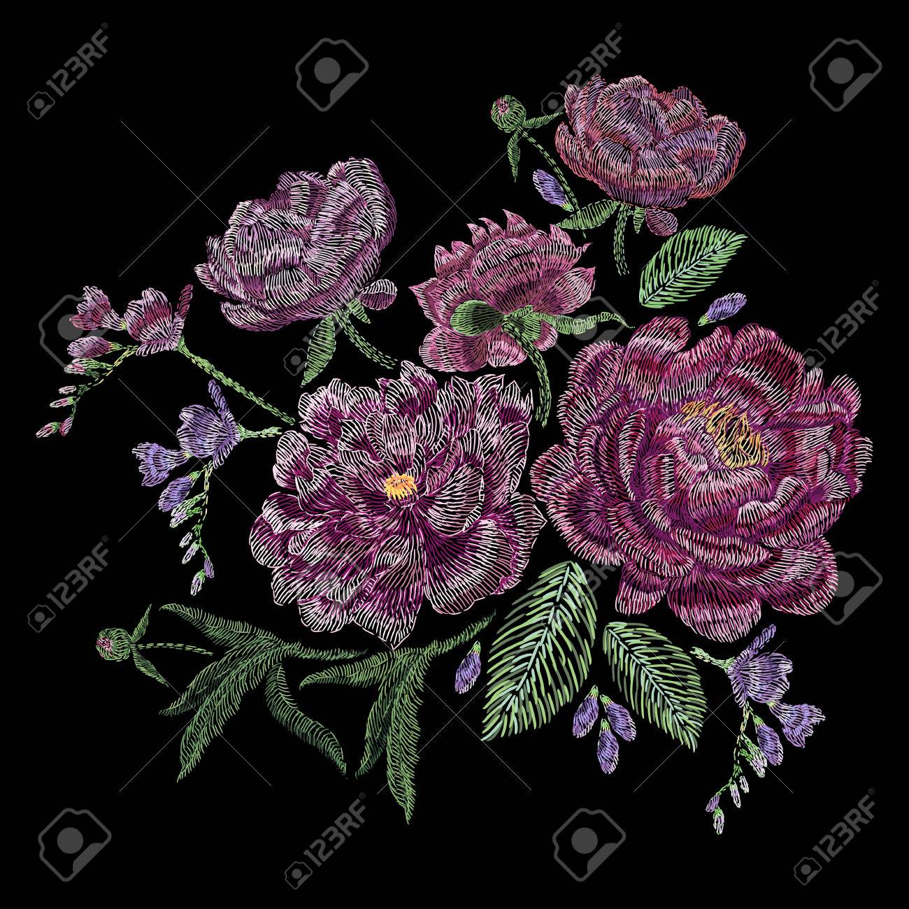 牡丹 野生と庭の花と刺繍の組成は 芽し 葉します サテンのステッチ刺繍 黒地に花柄のデザイン 民俗行服 ドレス ファブリック インテリアの流行パターン のイラスト素材 ベクタ Image 牡丹 野生と庭の花と刺繍の組成は 芽し 葉します サテンのステッチ刺繍 黒地に花柄のデザイン 民俗行服 ドレス ファブリック インテリアの流行パターン のイラスト素材 ベクタ Image