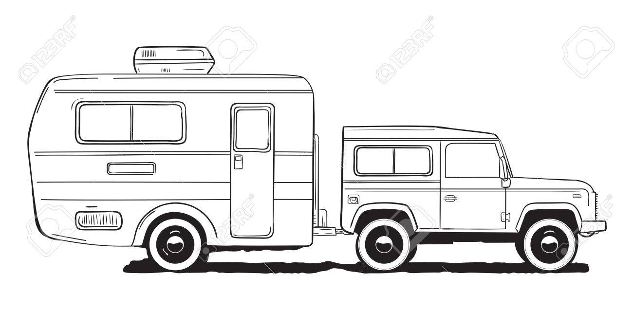Camping Wohnwagen Wohnmobil, amper Auto mit Anhänger. Schwarz-Weiß-Hand gezeichnet Illustration. Camping Wohnwagen Wohnmobil, amper Auto mit Anhänger. Schwarz-Weiß-Hand gezeichnet Illustration.