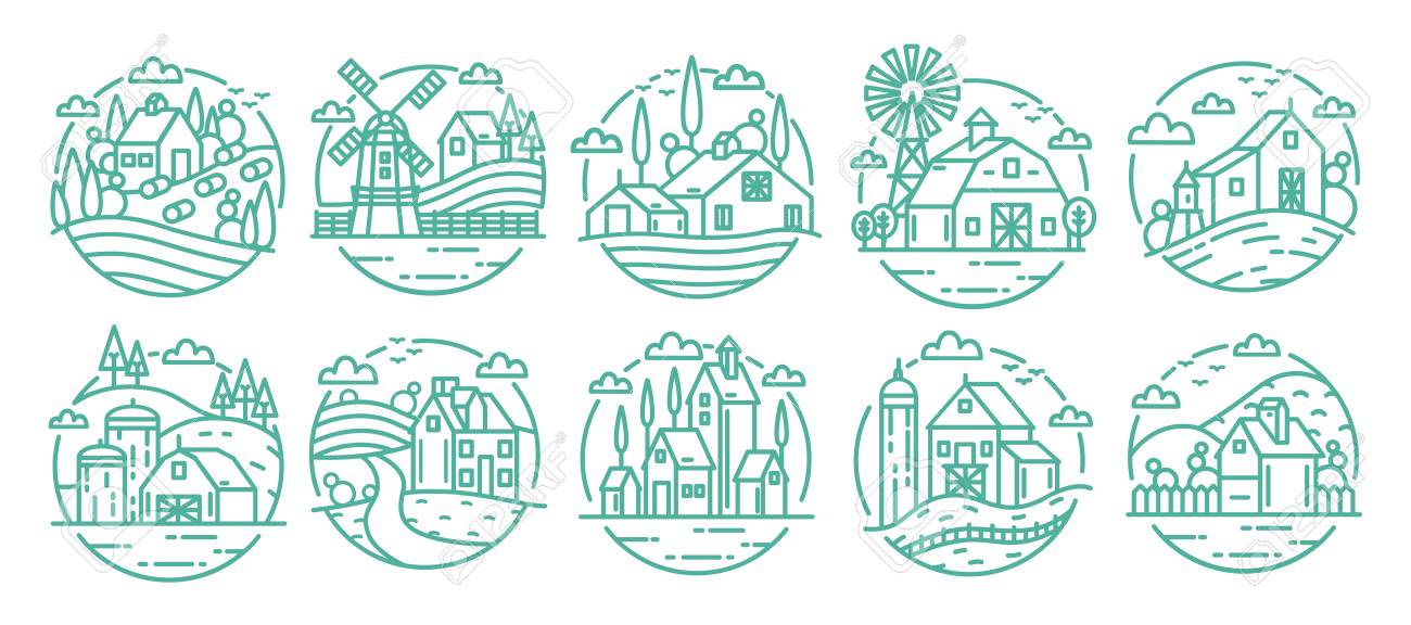 田舎のラベルを設定します 様々 なコレクションをファームします ライン アートの白黒イラストのイラスト素材 ベクタ Image