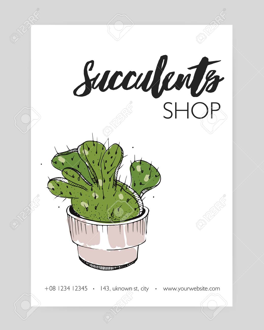白地に描かれた鍋の手で成長して緑のサボテンを持つモダンなテンプレート いばらの冠 装飾を砂漠の植物は鉢植え多肉植物です フローリスト ショップ広告のベクトル図です のイラスト素材 ベクタ Image