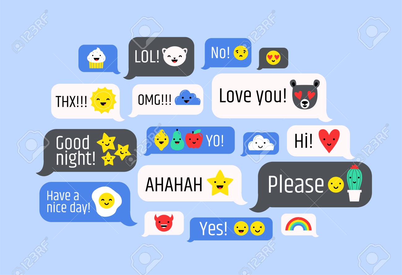 cloud of messages with cute emoji speech bubbles with text and cute emoji messages