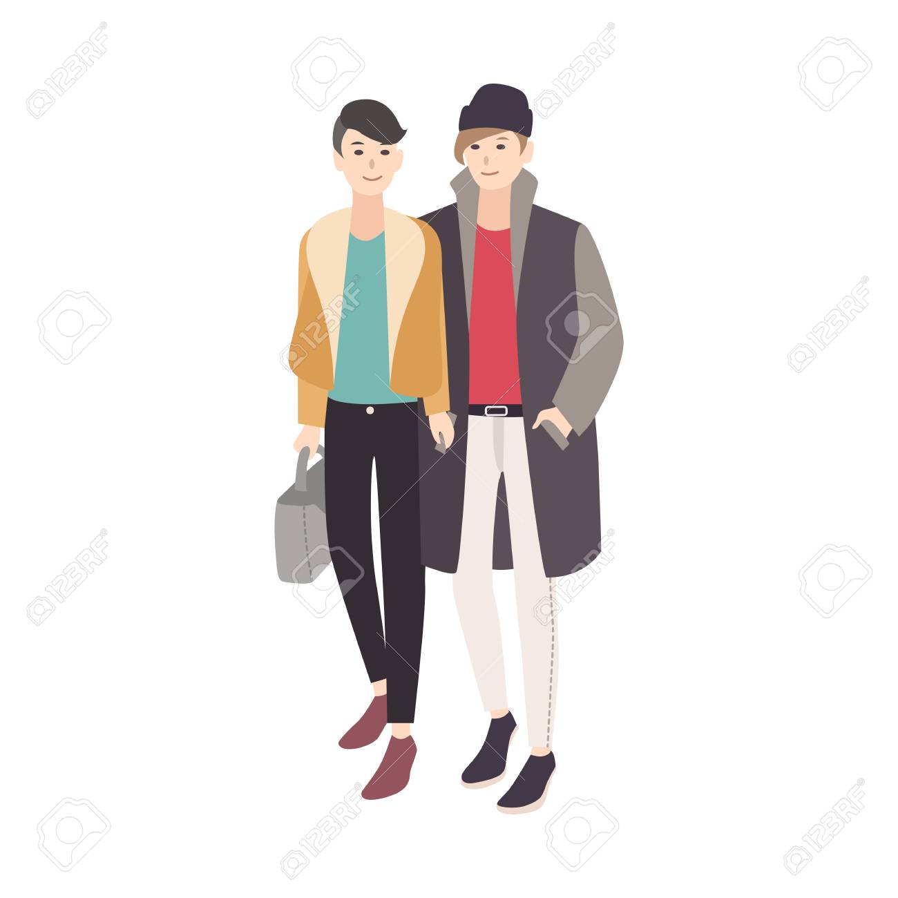 流行の服 漫画の文字イラストで若い男性のペア のイラスト素材 ベクタ Image
