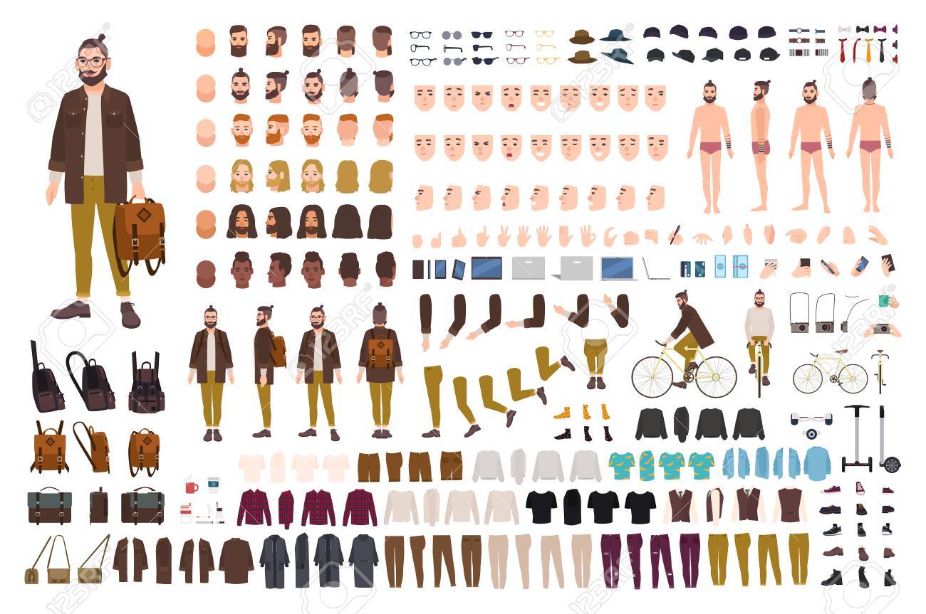 男性漫画キャラクターのボディ パーツの肌タイプ 顔のジェスチャー ヘアスタイル 流行の服のセット スタイリッシュなアクセサリーのデザインの図 のイラスト素材 ベクタ Image