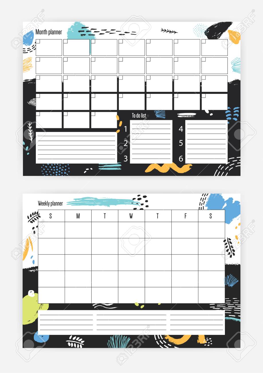 set of horizontal month and weekly planner templates with week sunday start weekly planner