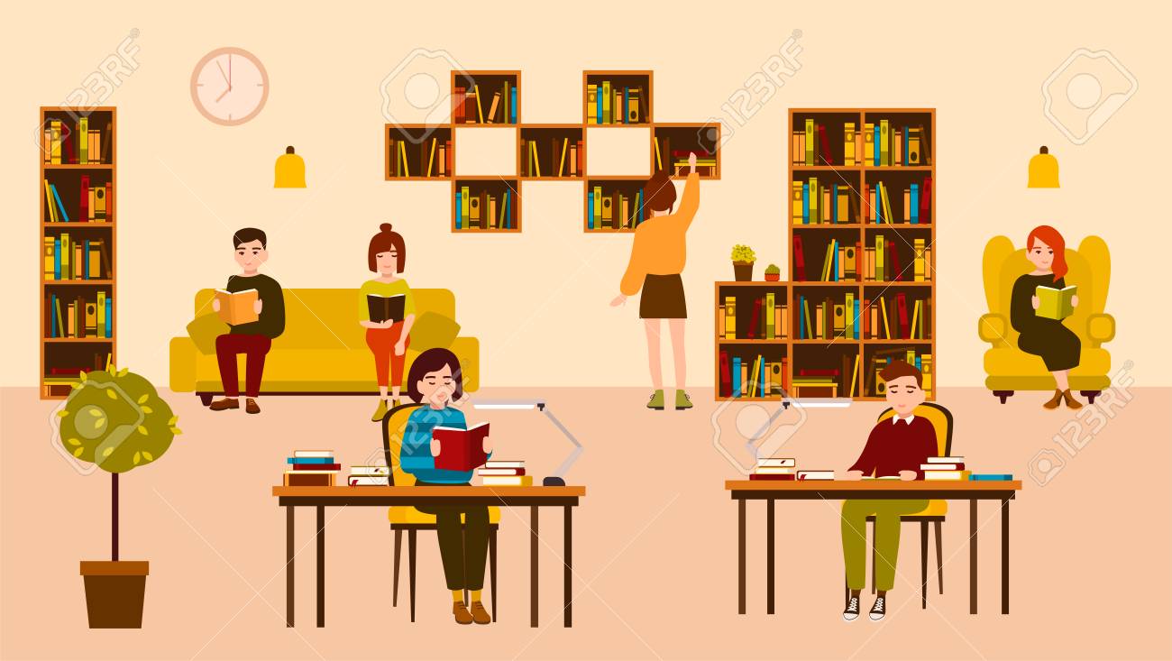 読書と図書館で勉強の人々 の笑顔 かわいいフラット漫画男性と女性デスクと棚やラックの書籍に囲まれたソファに座っています 近代的なカラフルなベクター イラストです のイラスト素材 ベクタ Image