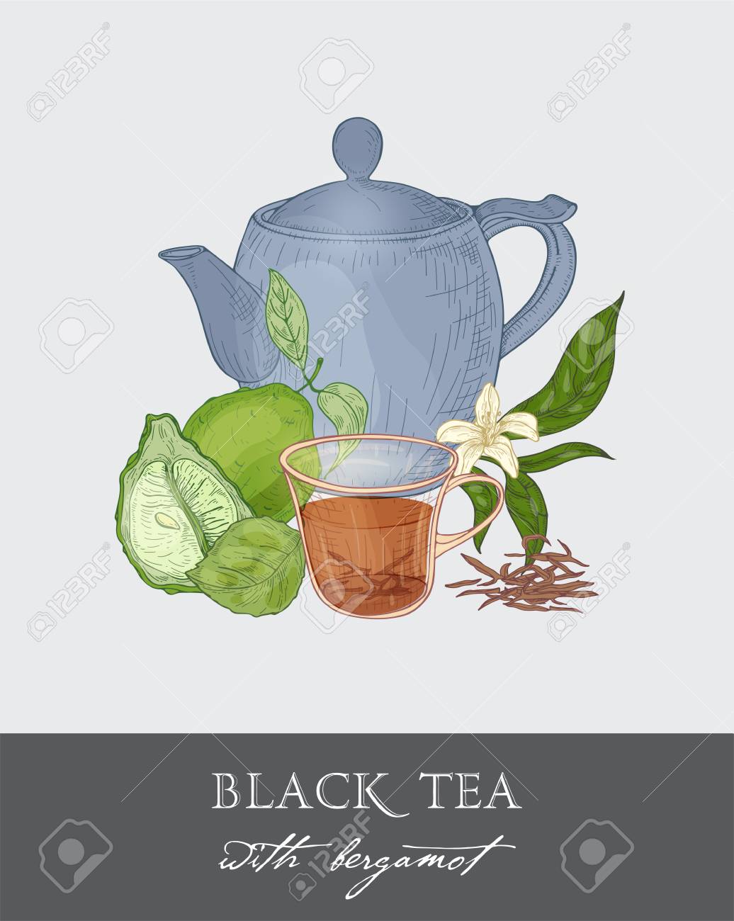 El Dibujo Colorido De La Tetera Azul, De La Taza, De Las Ilustración de Tetera Azul Y Taza Con Té De Hierbas En