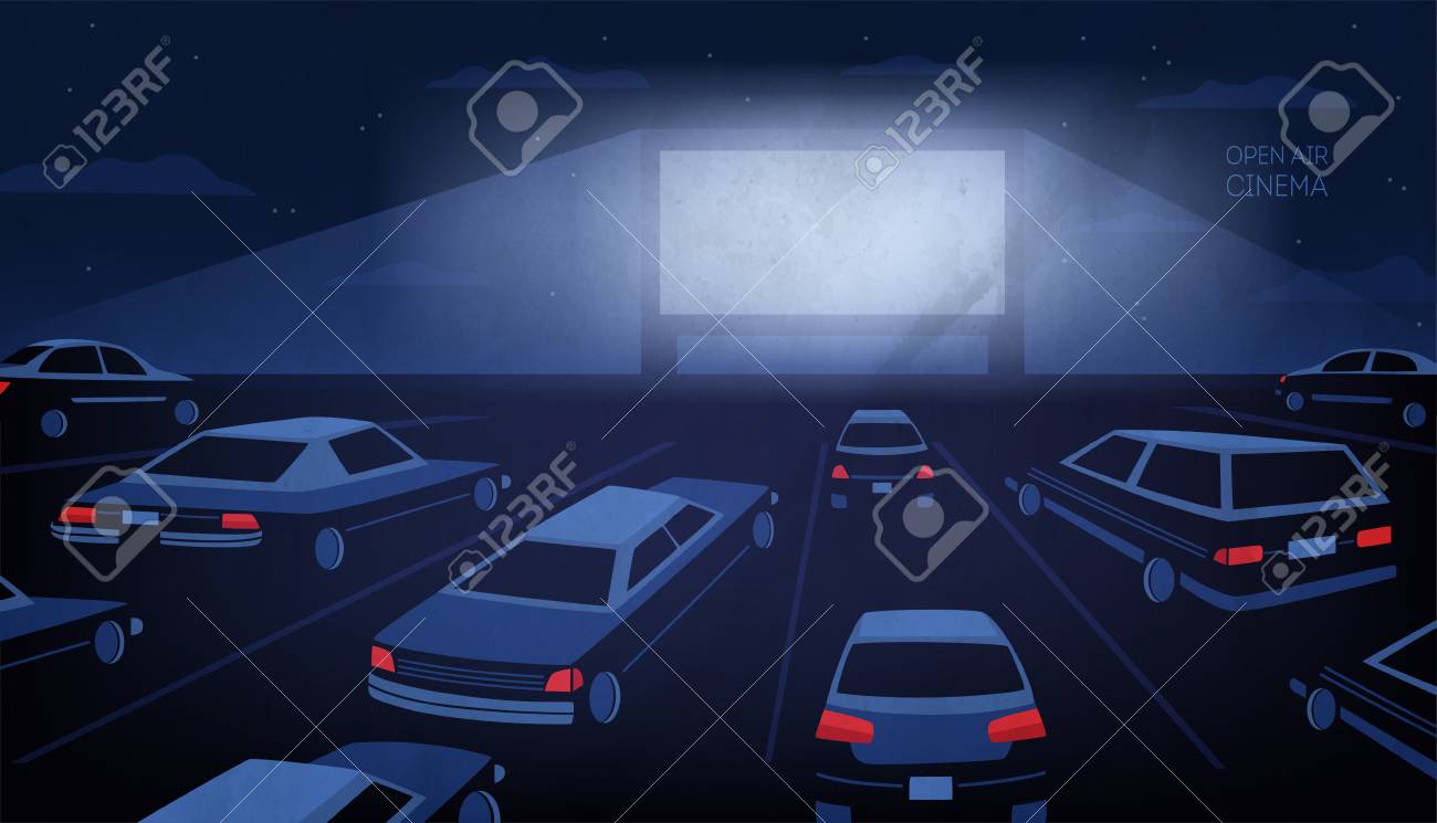 Open air, outdoor or drive-in cinema theater at night. Large movie screen glowing in darkness surrounded by cars against evening sky with stars and clouds on background. - 92115565 Open air, outdoor or drive-in cinema theater at night. Large movie screen glowing in darkness surrounded by cars against evening sky with stars and clouds on background. - 92115565