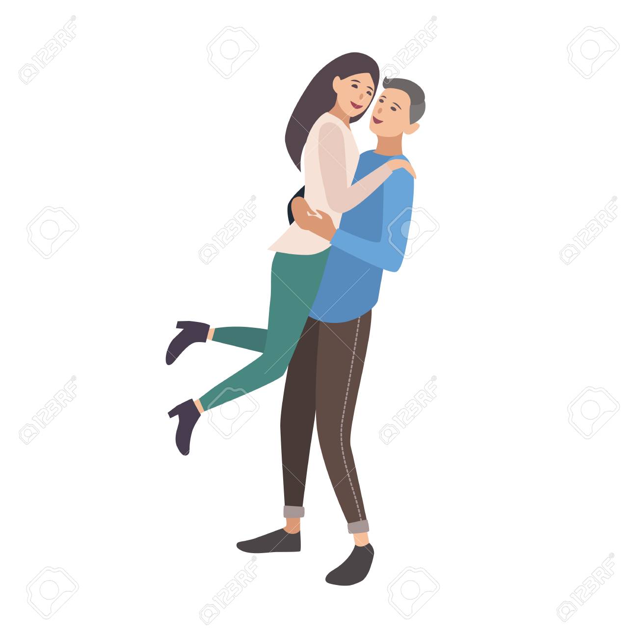 Man Lifting Woman. Boy Embracing Girl And Laughing. Cute Young ...