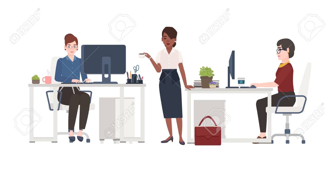 Women Working At Office Female Clerks Dressed In Smart Clothes