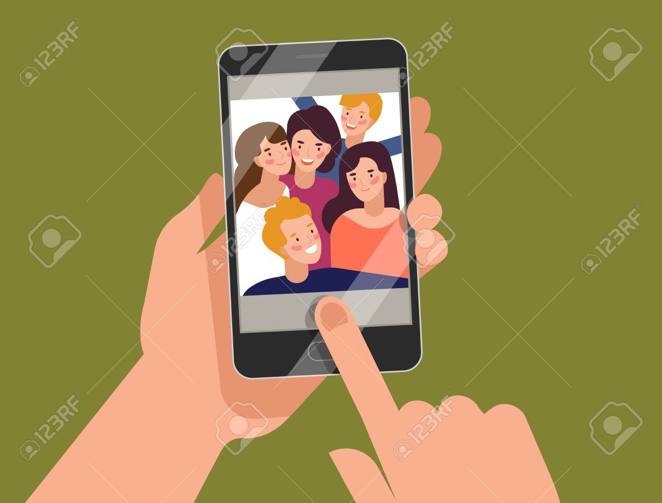 若い笑顔の男女が画面に表示されたスマートフォンを手で持つ のイラスト素材 ベクタ Image 若い笑顔の男女が画面に表示されたスマートフォンを手で持つ のイラスト素材 ベクタ Image