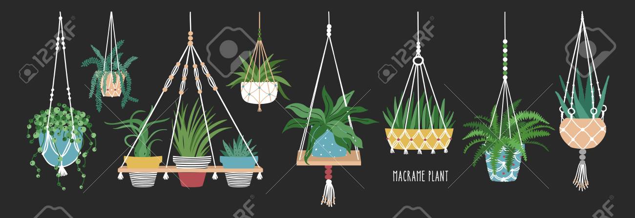 鉢植え植物用マクラメハンガーのコレクション ロープ エレガントな手作りの家の装飾で作られた吊りプランターのセット 黒い背景に隔離されています 漫画フラットカラフルなベクトルイラスト のイラスト素材 ベクタ Image