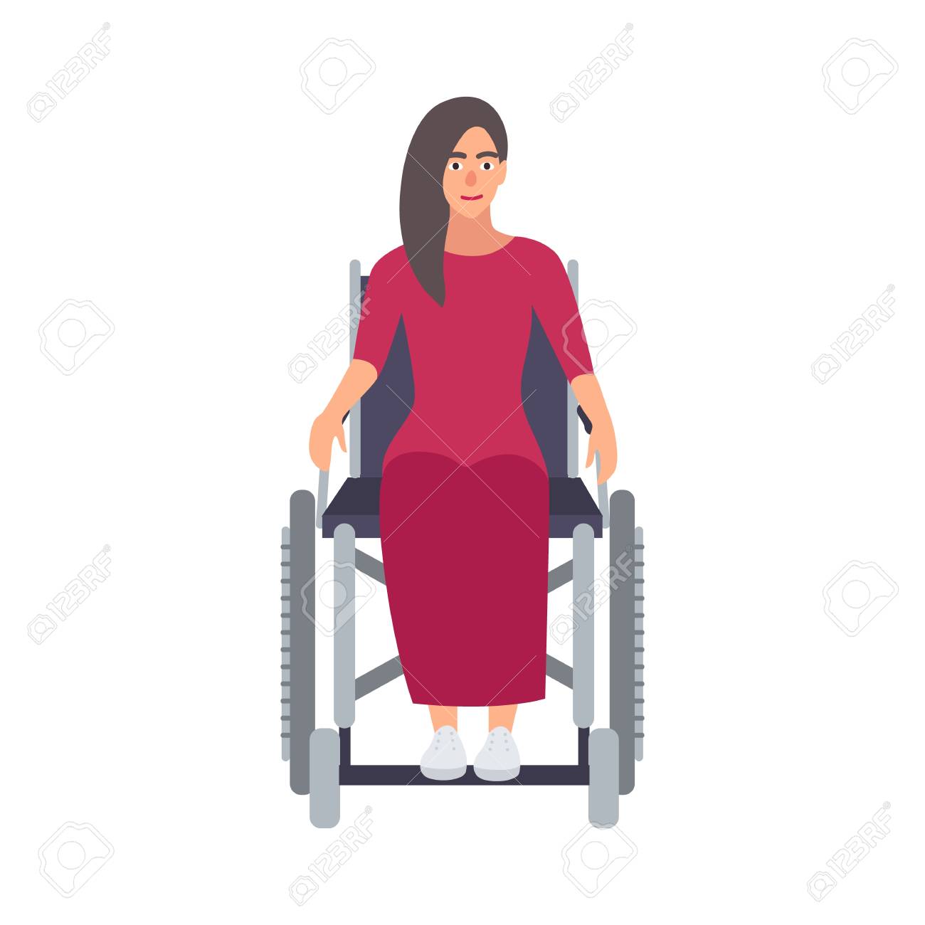 車椅子に座っているピンクのドレスを着た若い長髪の美しい女性 身体障害 障害 または身体の不自由な女性漫画のキャラクター フラット漫画ベクトルイラスト の イラスト素材 ベクタ Image