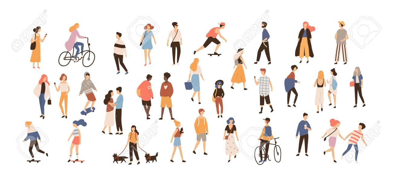 Crowd of people performing summer outdoor activities. Group of male and female flat cartoon characters isolated on white background. Vector illustration. - 96593135 Crowd of people performing summer outdoor activities. Group of male and female flat cartoon characters isolated on white background. Vector illustration. - 96593135