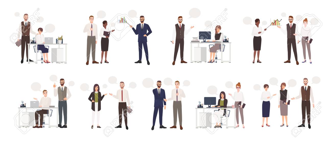 Set of male and female office workers talking to each other. Business people or clerks communicating with colleagues, negotiating, making presentations. Flat cartoon colorful vector illustration - 97574950 Set of male and female office workers talking to each other. Business people or clerks communicating with colleagues, negotiating, making presentations. Flat cartoon colorful vector illustration - 97574950