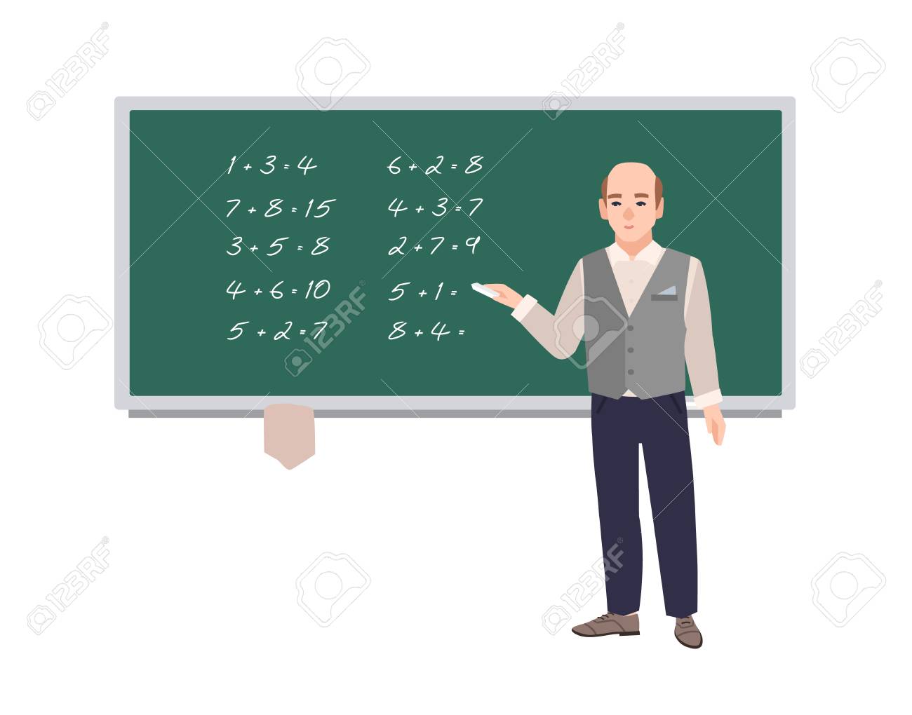 緑の黒板に数式を書く男性学校の数学の先生 数学や算数を教える笑顔の男 白い背景に隔離された漫画のキャラクター ベクターの図 のイラスト素材 ベクタ Image