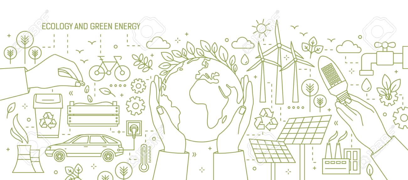 Monochrome banner with hands holding Earth and light bulb surrounded by wind and solar power stations, electric car, plants. Ecology and renewable energy vector illustration in line art style. - 100463998 Monochrome banner with hands holding Earth and light bulb surrounded by wind and solar power stations, electric car, plants. Ecology and renewable energy vector illustration in line art style. - 100463998