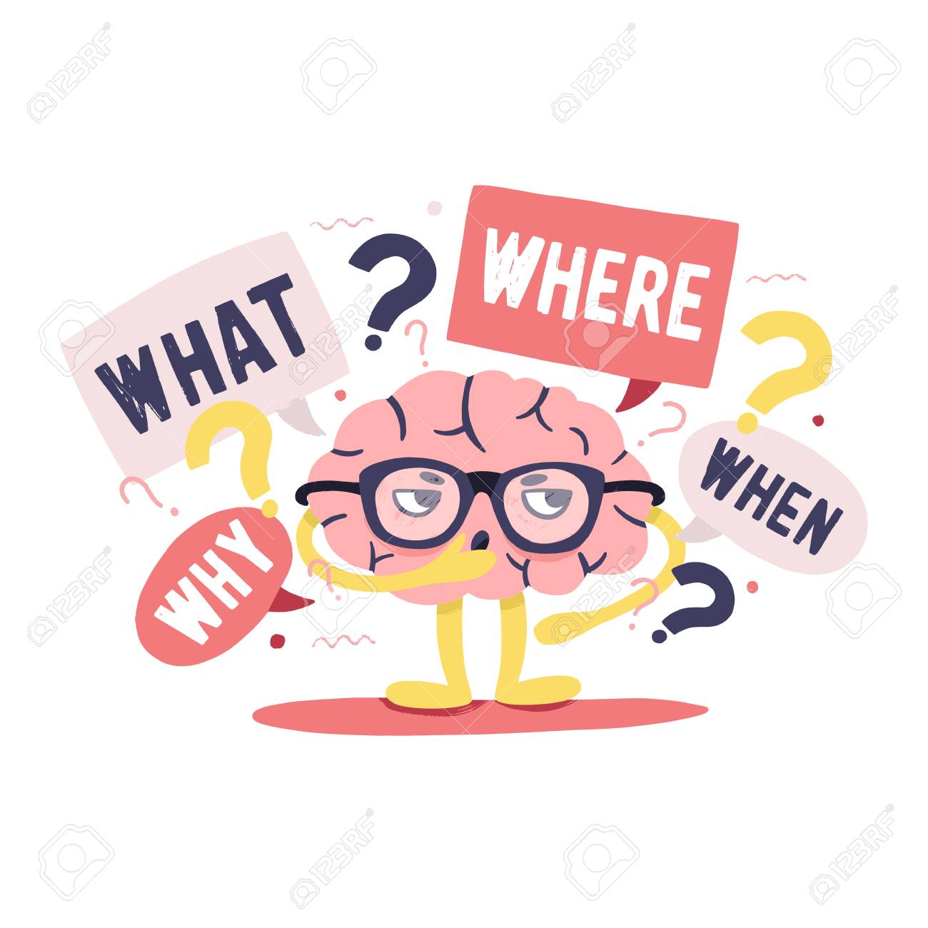 Cute Human Brain With Smart Thoughtful Face And Glasses Surrounded By  Questions And Interrogation Points. Cute Cartoon Character Isolated On  White Background, Flat Colorful Vector Illustration. Royalty Free SVG,  Cliparts, Vectors, and, image size:1300x1300