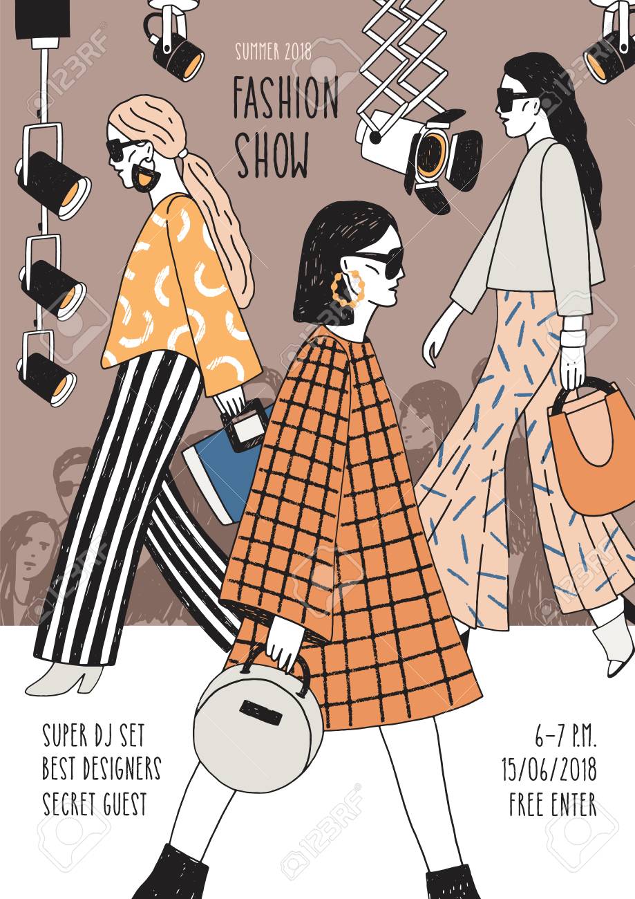 Vertical Flyer Or Poster Template For Fashion Show With Top Models Wearing  Fashionable Apparel Walking Along Runway Or Doing Catwalk. Hand Drawn  Vector Illustration For Event Promotion, Advertisement. Stock Photo,  Picture and, image size:919x1300