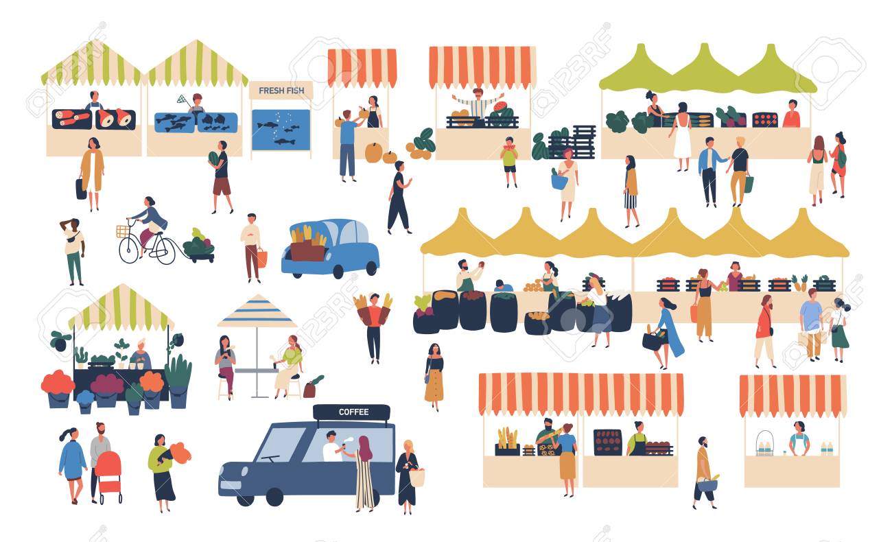Seasonal outdoor street market. People walking between counters, buying vegetables, fruits, meat and other farmer products. Buyers and sellers on marketplace. Cartoon colorful vector illustration - 114826420 Seasonal outdoor street market. People walking between counters, buying vegetables, fruits, meat and other farmer products. Buyers and sellers on marketplace. Cartoon colorful vector illustration - 114826420
