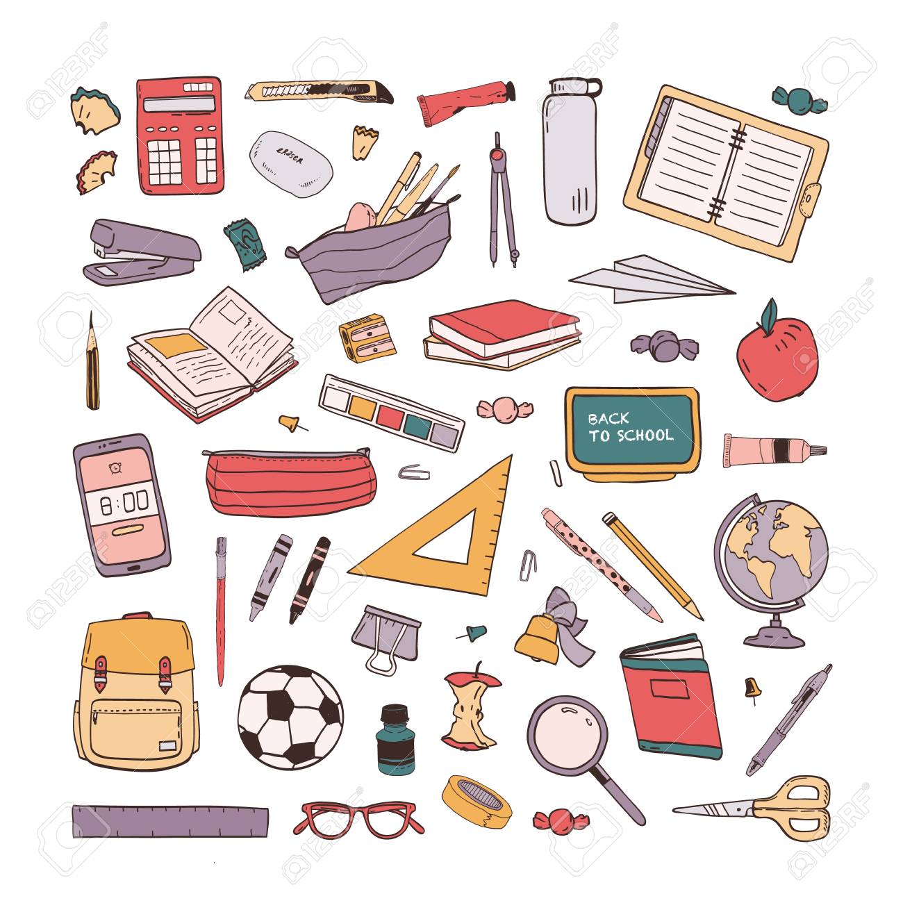 School Stationery Items Hand Drawn 