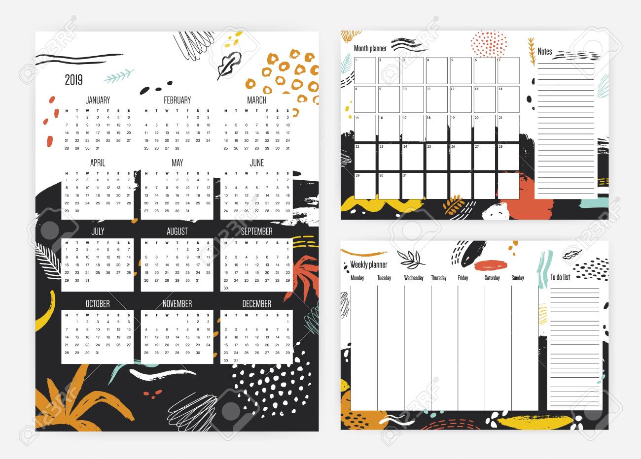 bundle of 2019 year calendar monthly and weekly planner and to do effective to do list template