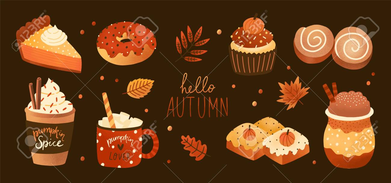 Bundle Of Pumpkin Spice Flavored Sweet Food Products And Hot Royalty Free Cliparts Vectors And Stock Illustration Image 117296174