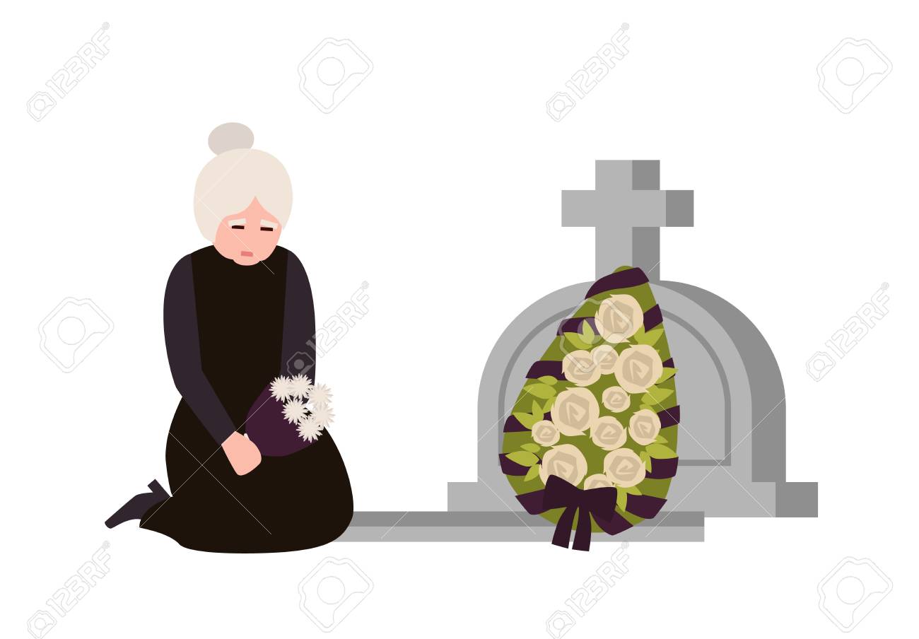 Sorrowful elderly woman dressed in mourning clothes crying near grave with headstone and wreath. Sad widow grieving on graveyard or cemetery. Colorful vector illustration in flat cartoon style - 117296757 Sorrowful elderly woman dressed in mourning clothes crying near grave with headstone and wreath. Sad widow grieving on graveyard or cemetery. Colorful vector illustration in flat cartoon style - 117296757