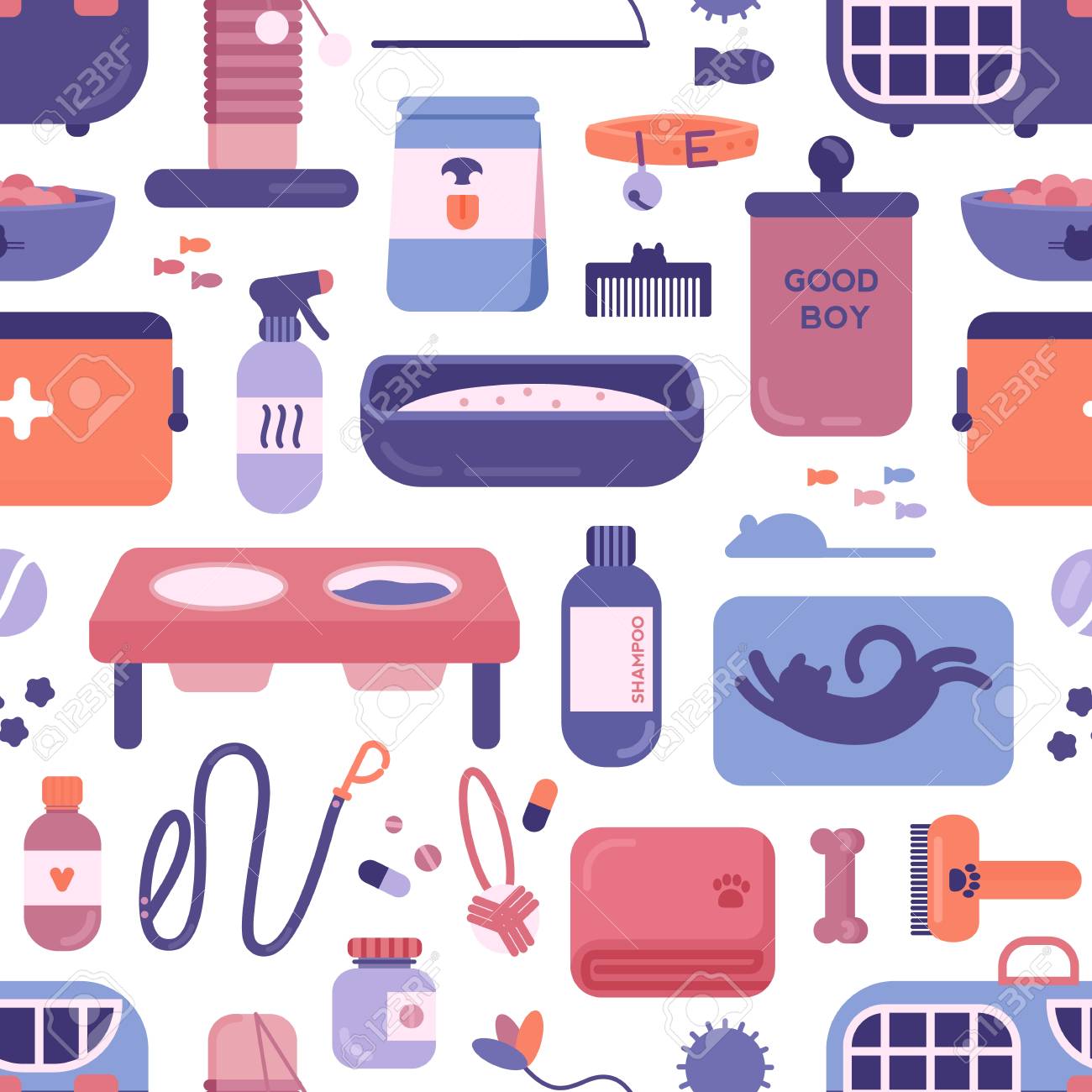 seamless pattern with pet shop or store products or goods for