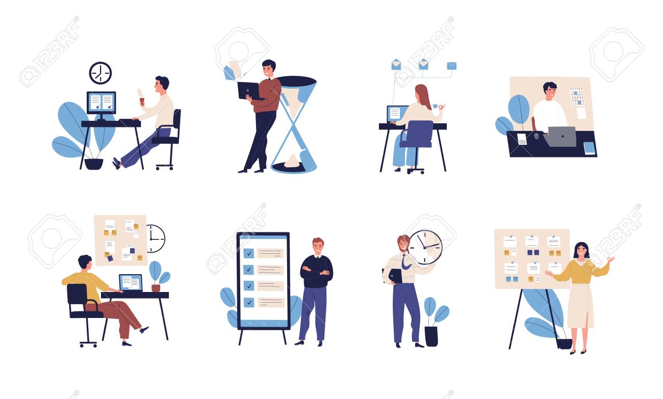 Verzamelen Van Mensen Succesvol Organiseren Van Hun Taken En Afspraken. Set  Van Scènes Met Efficiënte En Effectieve Tijdbeheer En Multitasking Op Het  Werk. Platte Cartoon Vector Illustratie Royalty vrije SVG, Cliparts,  Vectoren,