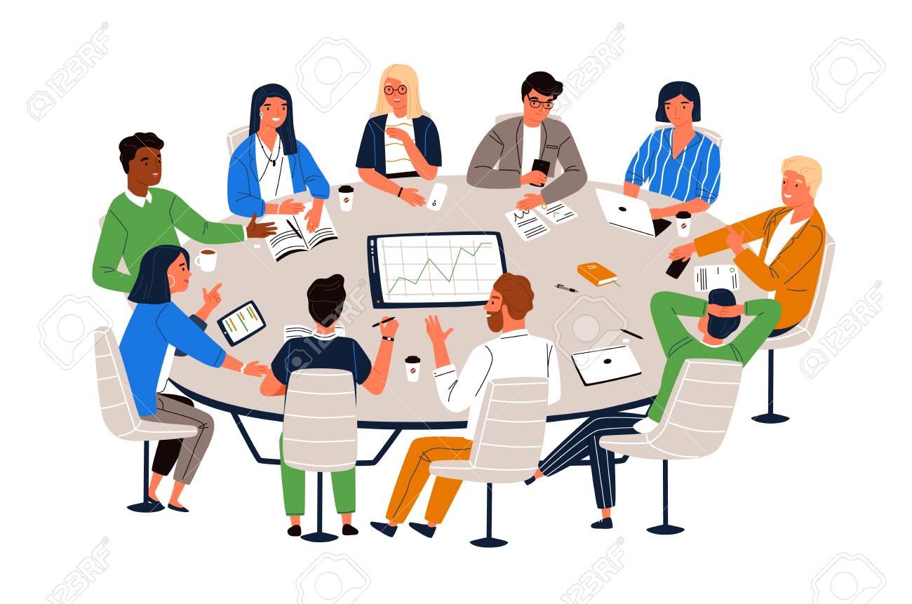 Office workers sitting at round table and discussing ideas, exchanging information. Work meeting, business negotiation, conference, group discussion. Cartoon vector illustration in flat style. - 118955188 Office workers sitting at round table and discussing ideas, exchanging information. Work meeting, business negotiation, conference, group discussion. Cartoon vector illustration in flat style. - 118955188