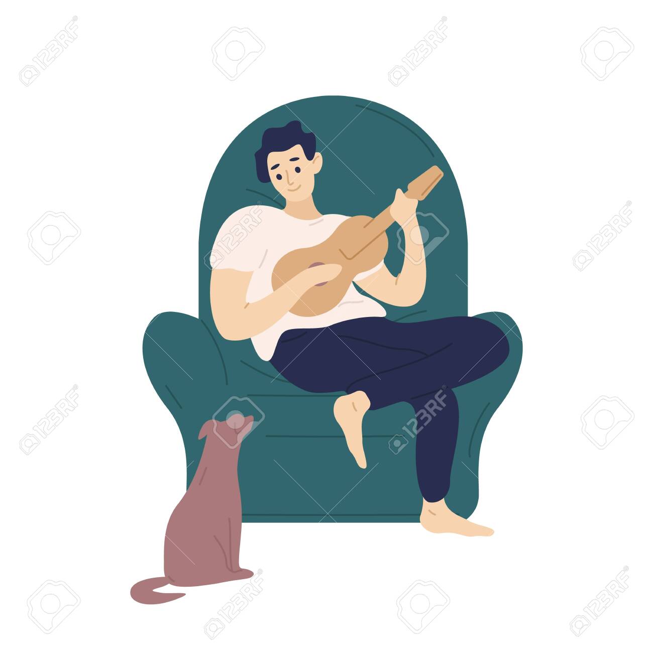 Cute boy sitting in comfy armchair and playing ukulele for his dog. Funny adorable musician with guitar and his domestic animal. Young man relaxing at home. Flat cartoon colorful vector illustration - 128183409 Cute boy sitting in comfy armchair and playing ukulele for his dog. Funny adorable musician with guitar and his domestic animal. Young man relaxing at home. Flat cartoon colorful vector illustration - 128183409