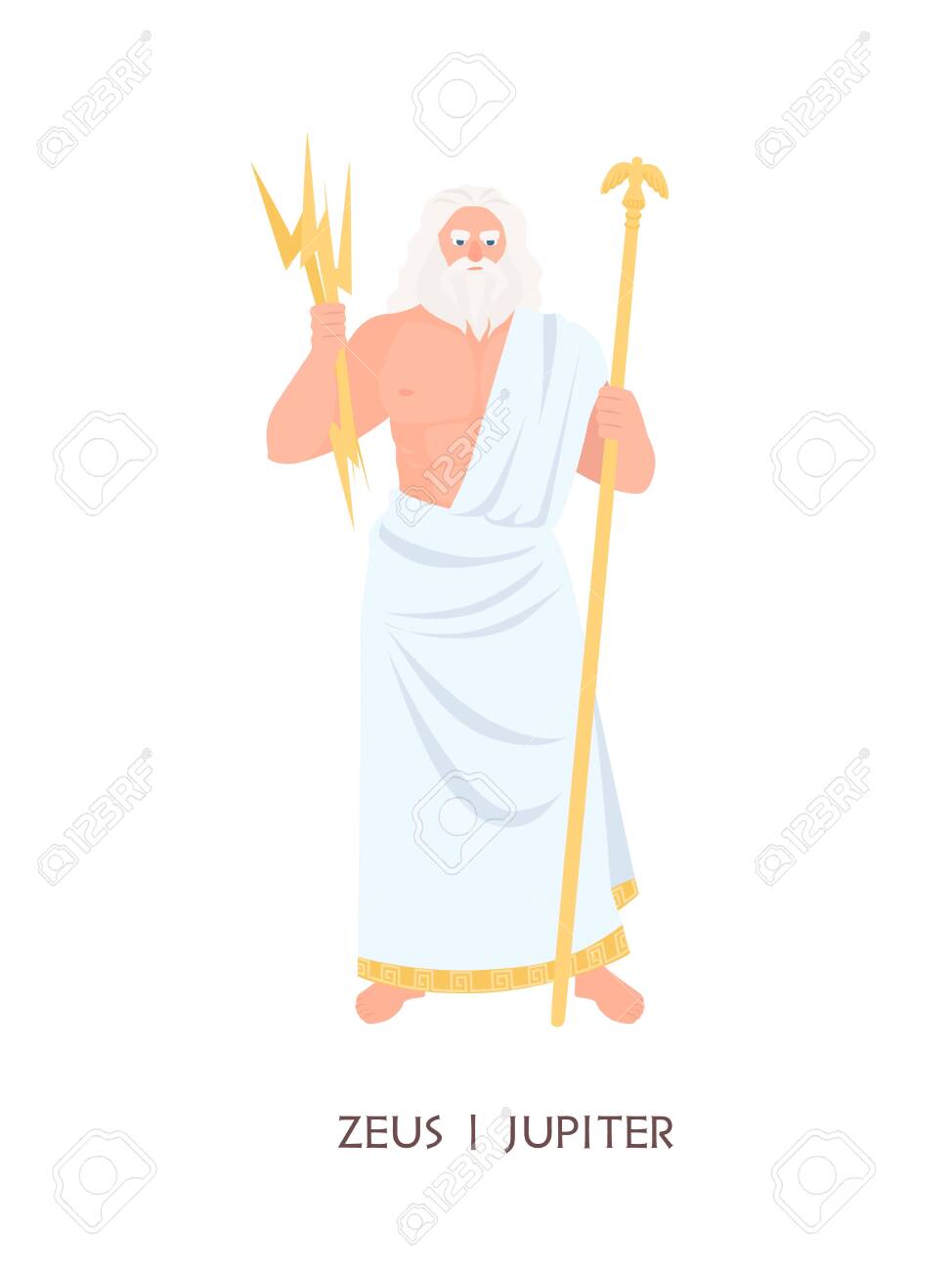 Zeus Or Jupiter - Main Olympian Deity, God Of Sky, Lightning, Thunder From  Ancient Greek And Roman Religion. Male Mythological Character With Beard  And Thunderbolt. Flat Cartoon Illustration. Royalty Free SVG, Cliparts,, image size:974x1300