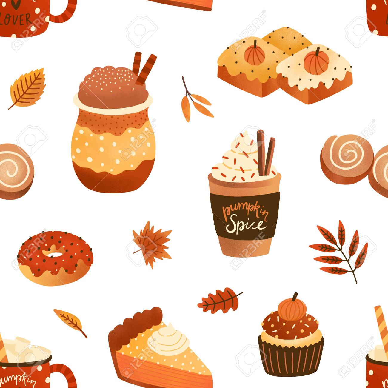 Autumn Seasonal Pastry And Drink Flat Vector Seamless Pattern Royalty Free Cliparts Vectors And Stock Illustration Image 132463166