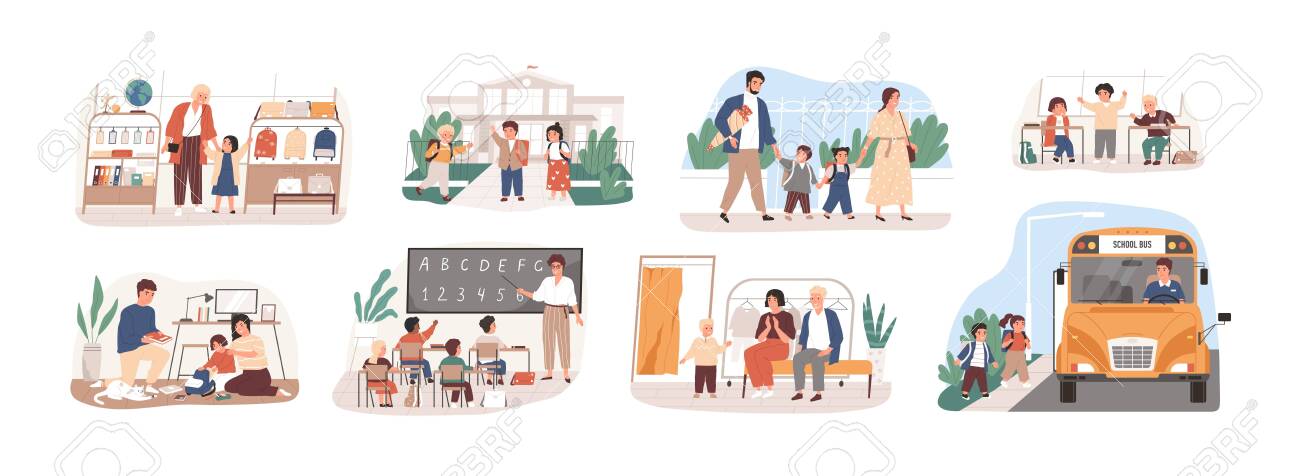 Back to school vector illustrations set. Preparation to Day of knowledge, school supplies buying, first grader gathering. Pupils and teacher, parents and children, bus driver cartoon characters. - 134453953 Back to school vector illustrations set. Preparation to Day of knowledge, school supplies buying, first grader gathering. Pupils and teacher, parents and children, bus driver cartoon characters. - 134453953