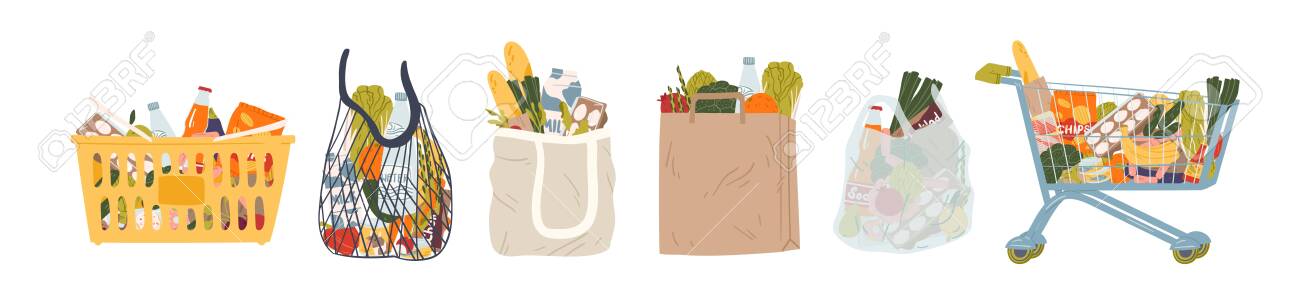Shopping bags and baskets flat vector illustrations set. Grocery purchases, paper and plastic packages, turtle bags with products. Natural food, organic fruits and vegetable. Department store goods. - 135951160 Shopping bags and baskets flat vector illustrations set. Grocery purchases, paper and plastic packages, turtle bags with products. Natural food, organic fruits and vegetable. Department store goods. - 135951160