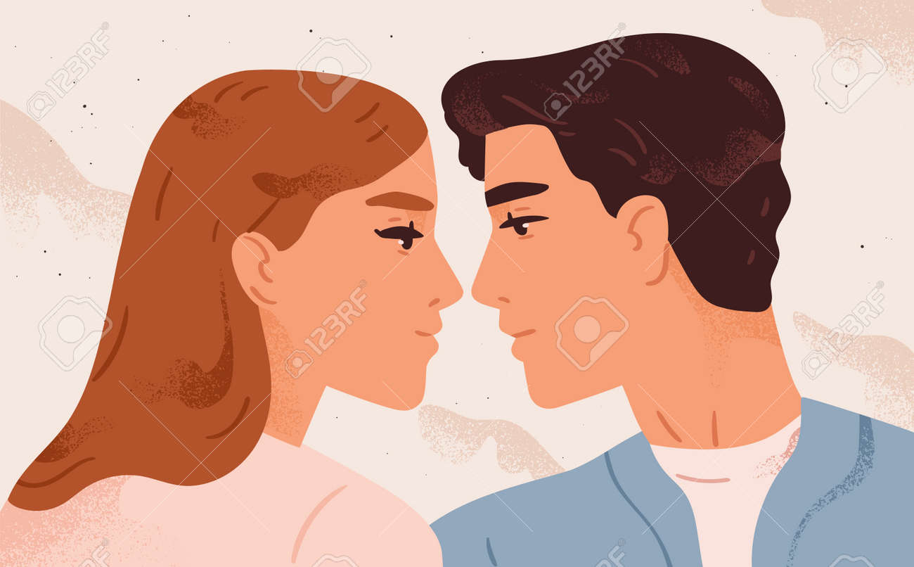 Vector man and woman couple in a romantic relationship, first love