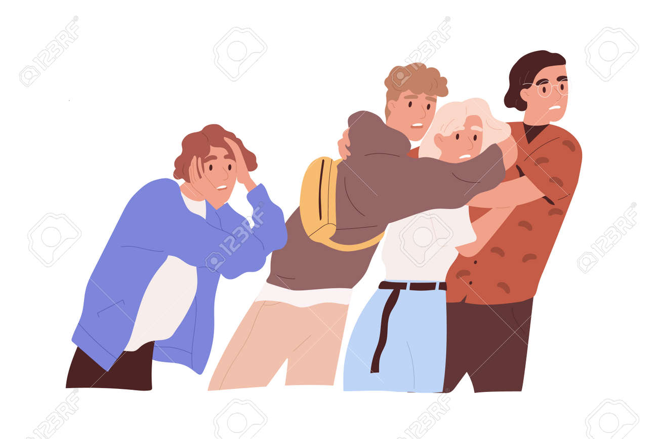 Afraid And Frightened People Expressing Shock And Fear, Clinging Together.  Scared And Horrified Teen Friends Screaming In Panic. Colored Flat Cartoon  Vector Illustration Isolated On White Background Royalty Free SVG,  Cliparts, Vectors,