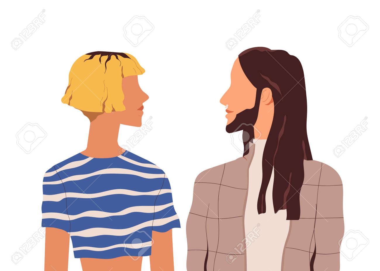 Un par de personas modernas aisladas de fondo blanco. retrato de mujer con corte bob y hombre de pelo largo. amigos de pie cara a cara. ilustración de vector plano coloreado de dos jóvenes amigos - 165979417 Un par de personas modernas aisladas de fondo blanco. retrato de mujer con corte bob y hombre de pelo largo. amigos de pie cara a cara. ilustración de vector plano coloreado de dos jóvenes amigos - 165979417