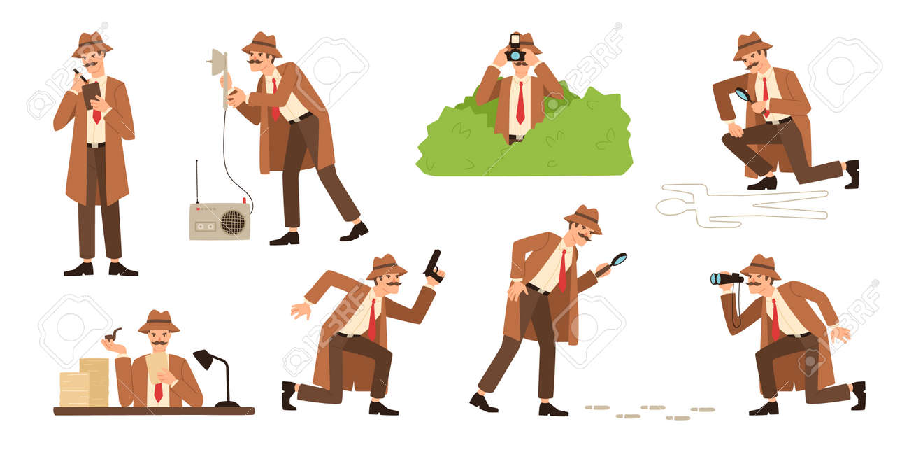 Bündel von detektiven mit schnurrbart, die durch lupe schauen, schleichen, spionieren, verbrechen lösen, fotografieren. männliche zeichentrickfigur isoliert auf weißem hintergrund. flache vektorillustration. - 176772115 Bündel von detektiven mit schnurrbart, die durch lupe schauen, schleichen, spionieren, verbrechen lösen, fotografieren. männliche zeichentrickfigur isoliert auf weißem hintergrund. flache vektorillustration. - 176772115