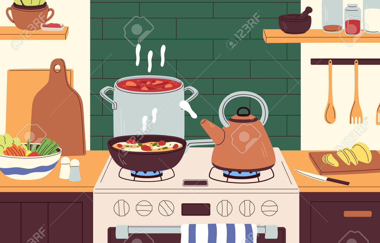 Pentola, pentole e bollitore per il tè sul fornello a gas. processo di cottura nella cucina di casa. piatti bollenti e stufati su fornelli domestici. preparazione del pasto in casseruola e bollitore. illustrazione vettoriale piatta colorata - 179552550 Pentola, pentole e bollitore per il tè sul fornello a gas. processo di cottura nella cucina di casa. piatti bollenti e stufati su fornelli domestici. preparazione del pasto in casseruola e bollitore. illustrazione vettoriale piatta colorata - 179552550