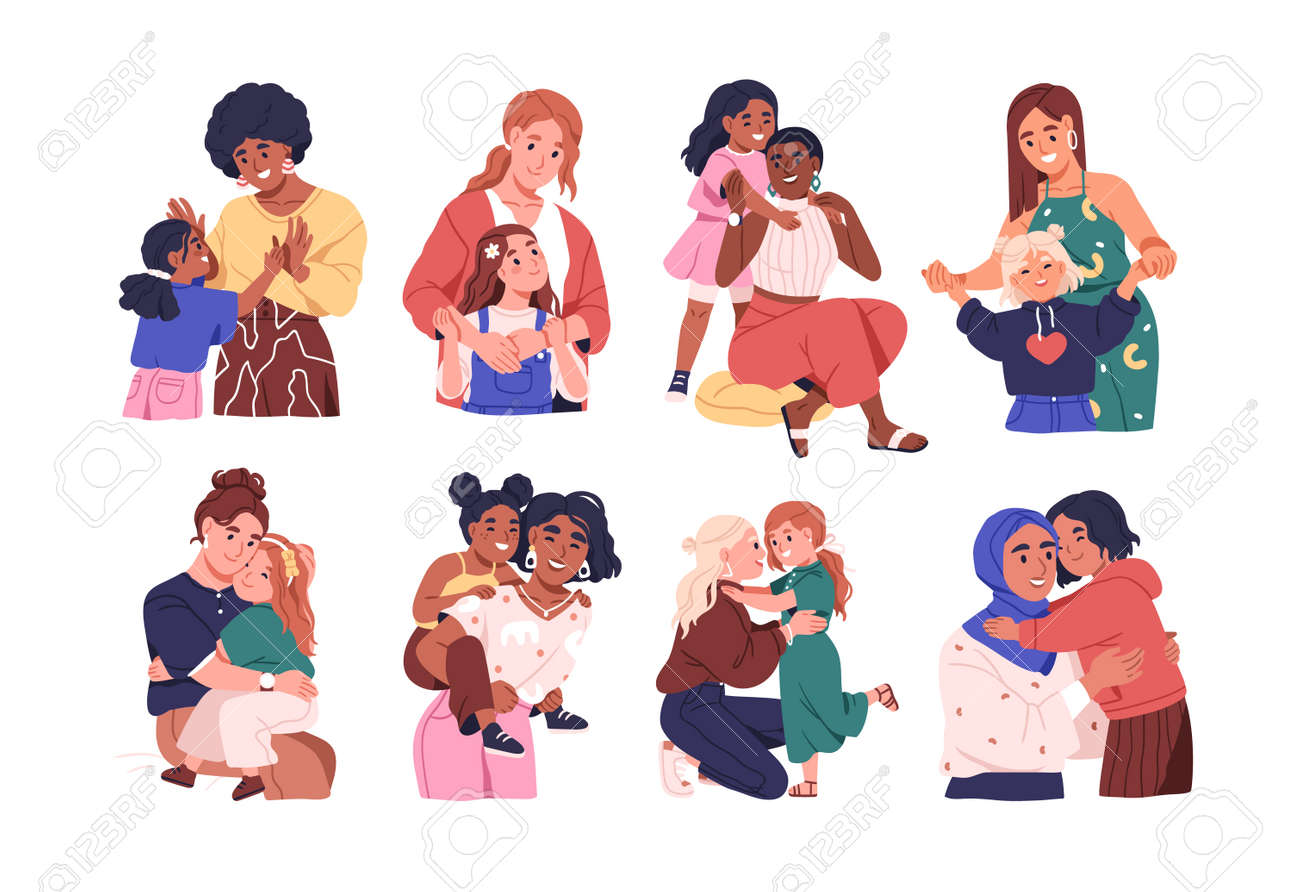 Jeu de mères et filles. heureuses mamans et filles enfants étreignant, riant, souriant ensemble. amour, amitié, unité de diverses mamans et enfants. illustrations vectorielles plates isolées sur fond blanc - 185550919 Jeu de mères et filles. heureuses mamans et filles enfants étreignant, riant, souriant ensemble. amour, amitié, unité de diverses mamans et enfants. illustrations vectorielles plates isolées sur fond blanc - 185550919