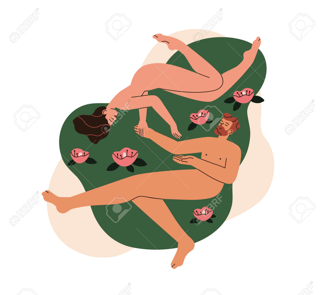 性交イラスト 愛のカップルの性的関係。セックス 、親密さの後に恋人に横たわっている裸の男と女。ヌードのロマンチックな人々。ロマンス、情熱の概念。白い背景で隔離のフラットグラフィックベクトルイラスト。の イラスト素材・ベクター Image 185715796