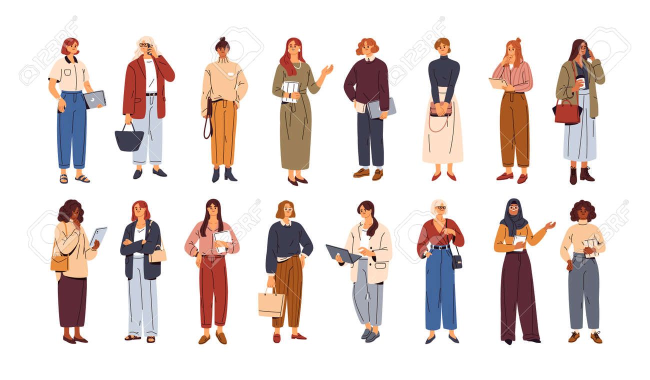 Modern business women set. Diverse businesswomen stand with mobile phones, laptop computers, notebooks, planners. Female office workers. Flat graphic vector illustrations isolated on white background - 189274842 Modern business women set. Diverse businesswomen stand with mobile phones, laptop computers, notebooks, planners. Female office workers. Flat graphic vector illustrations isolated on white background - 189274842