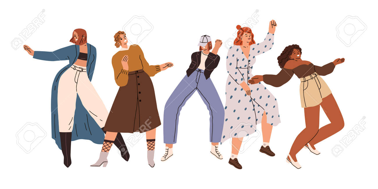 楽しい、喜びで踊る幸せな女性のグループ。パーティーでディスコ音楽に移動するガールフレンドダンサー。現代のファッションポジティブな女性キャラクター。白い背景に平らなベクターイラストのイラスト素材・ベクター  Image 189961537