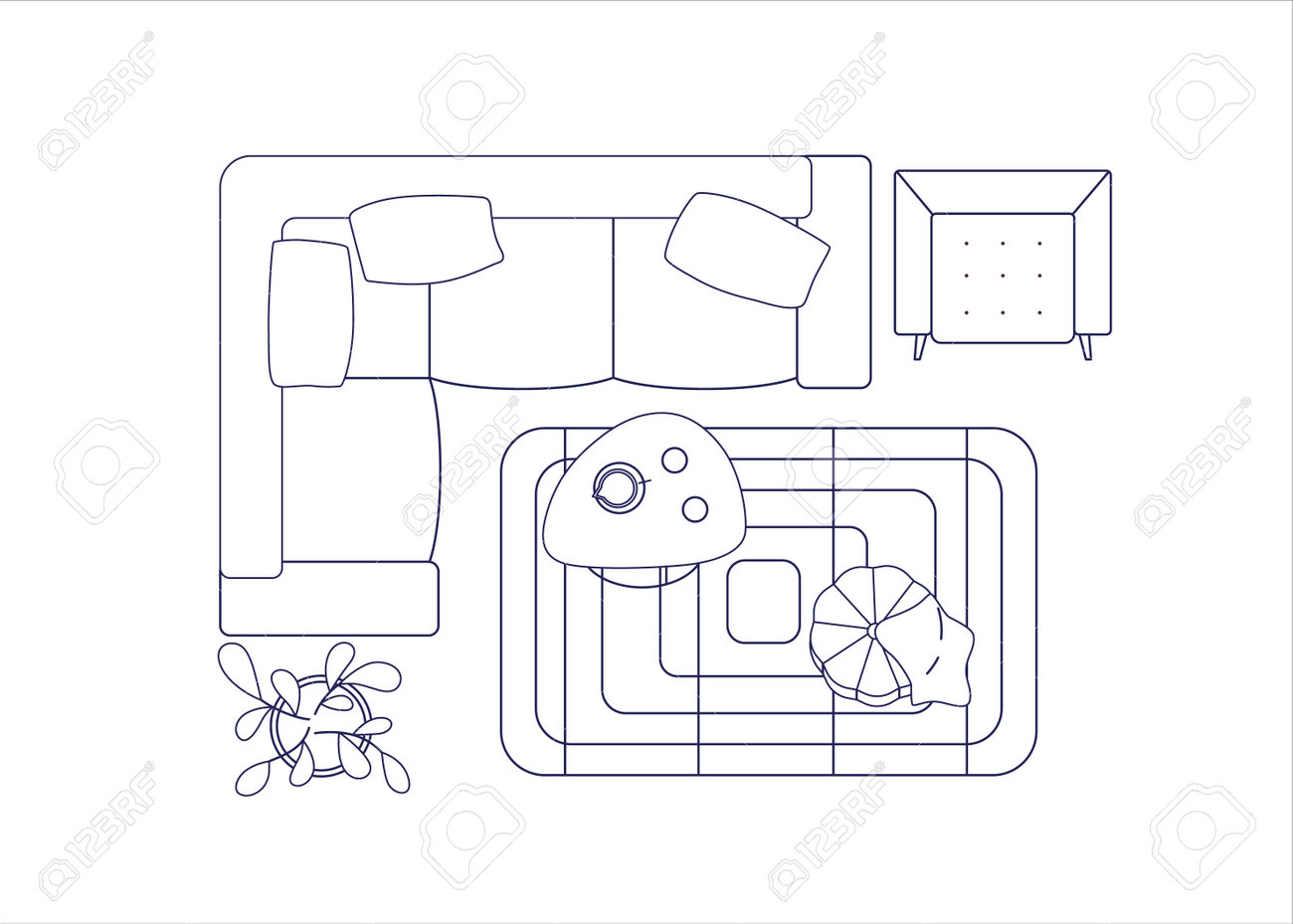 Living Room Interior Design Top View. Outlined Floor Plan With Sofa,  Armchair, Lounge Furniture. Overhead Corner Couch, Coffee Table And Carpet.  Flat Vector Illustration Isolated On White Background Royalty Free SVG,  Cliparts,, image size:1300x929