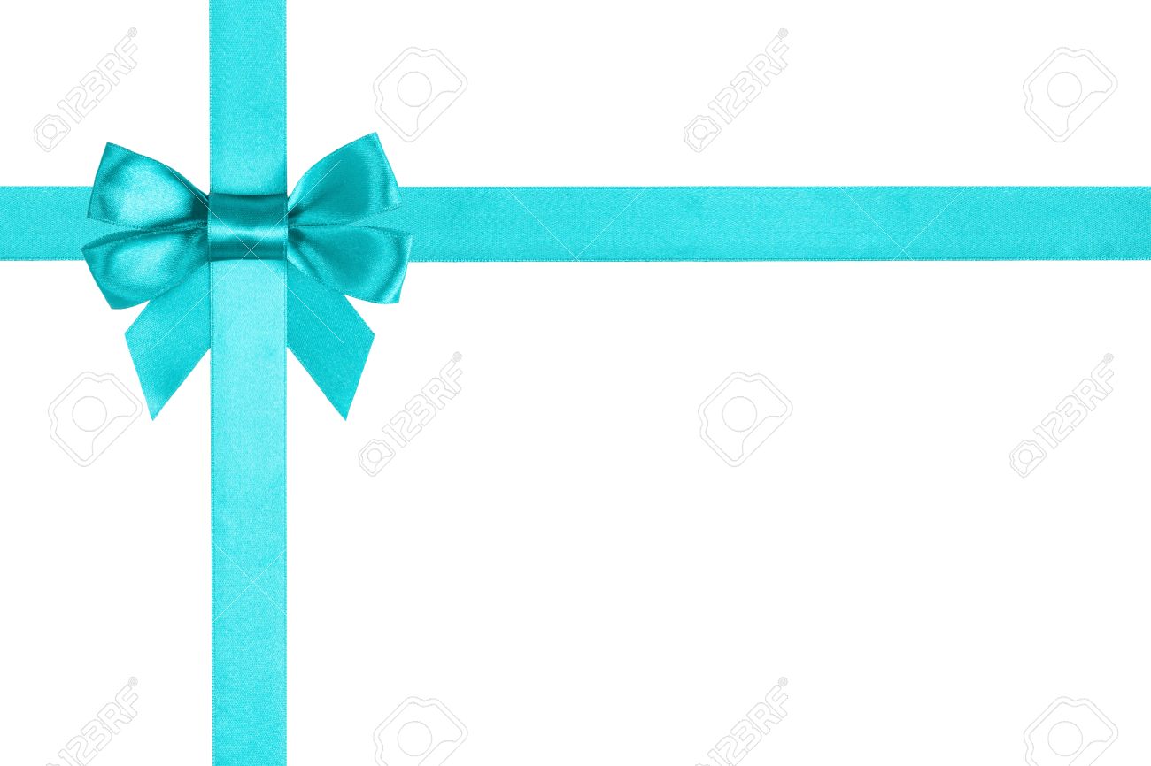 turquoise blue ribbon bow for packaging white background stock