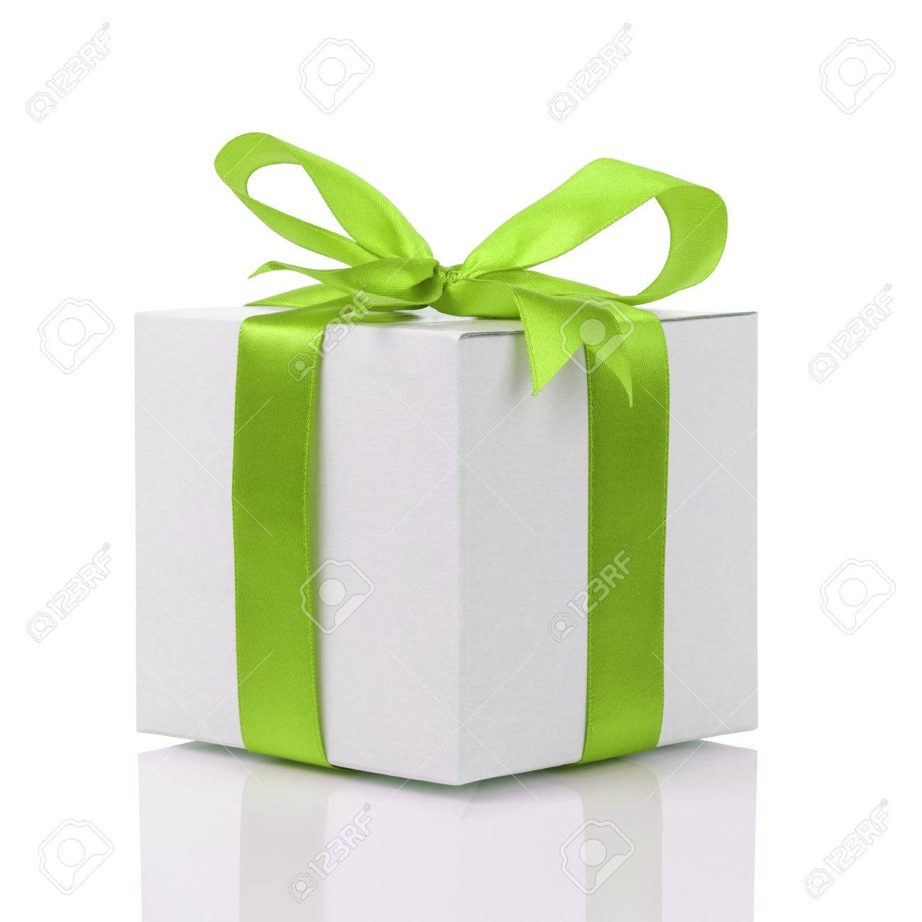 gift box with handmade green ribbon bow, isolated on white - 32315514 gift box with handmade green ribbon bow, isolated on white - 32315514