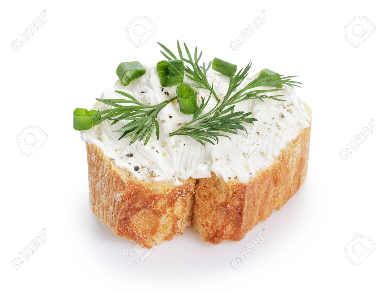 crunchy baguette slice with cream cheese and herbs isolated - 39104994 crunchy baguette slice with cream cheese and herbs isolated - 39104994