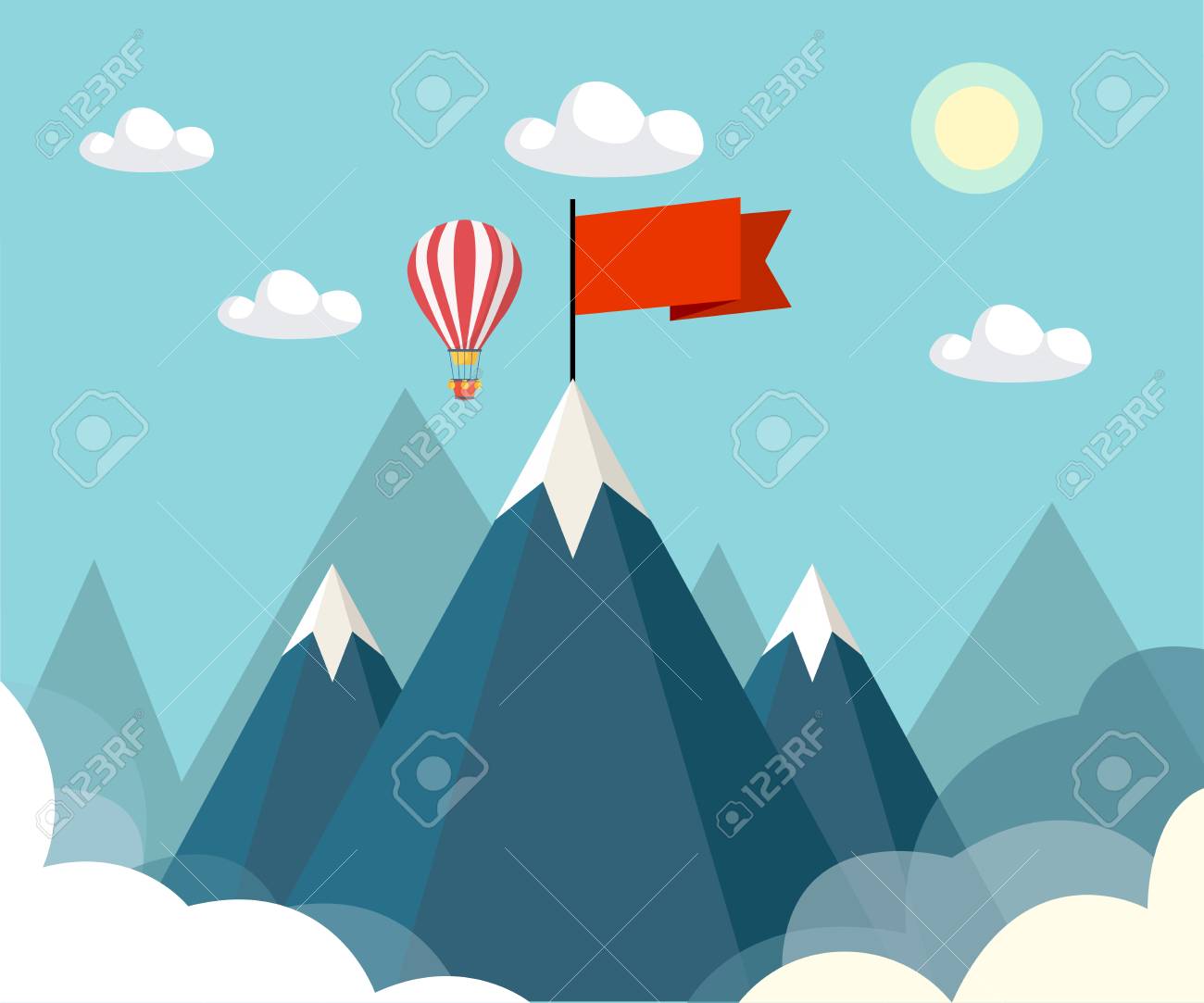 山の上に旗を持つ風景 成功の概念図 困難を乗り越えるのイラスト素材 ベクタ Image